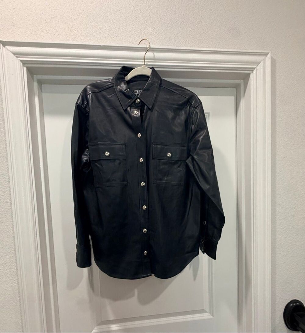 J. Crew Collection Black Faux Leather Shirt Jacket Button Up Pocket Shirt Sz 6